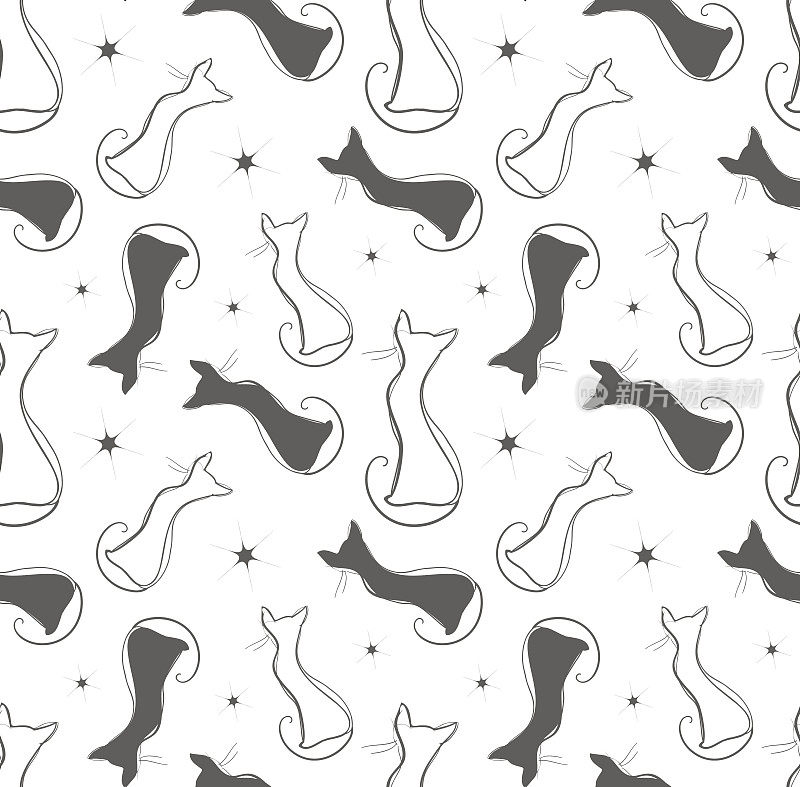 Cat silhouette seamless pattern. Vector illustration with cat silhouette and stars
